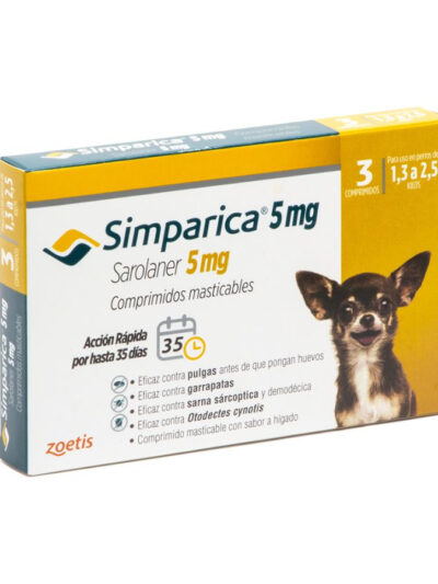 Simparica antiparasitario oral masticable para perros de 1.3 a 2.5 KG 3 comprimidos Simparica Trio - 5 mg x 3 Tabletas 1,3 a 2,5 Kg