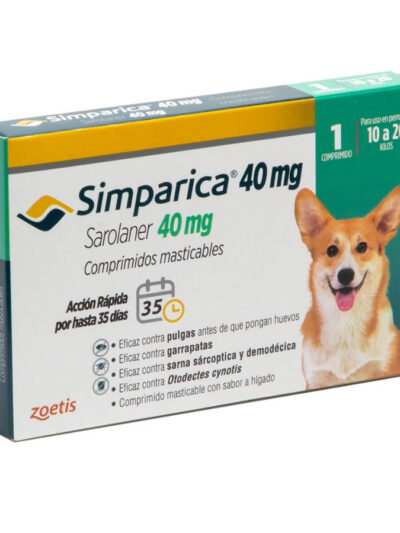 Simparica antiparasitario oral masticable para perros de 10 a 20 KG 1 comprimido Simparica 40 mg x 1 Tableta 10 a 20 Kg