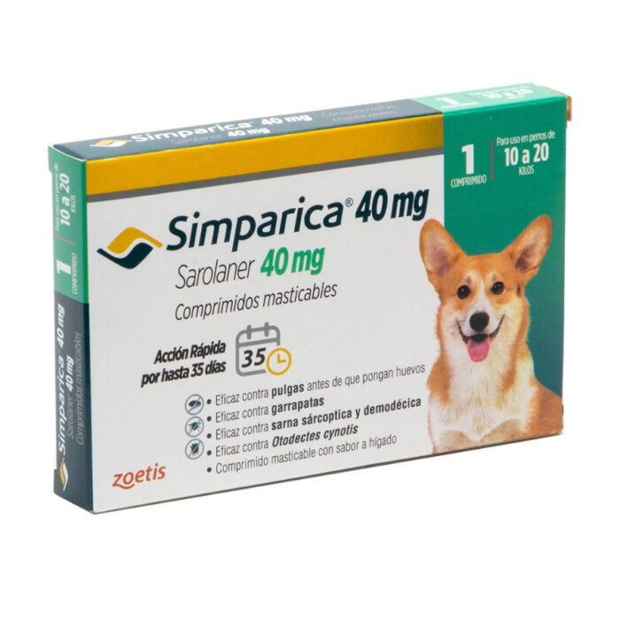 Simparica antiparasitario oral masticable para perros de 10 a 20 KG 1 comprimido Simparica 40 mg x 1 Tableta 10 a 20 Kg