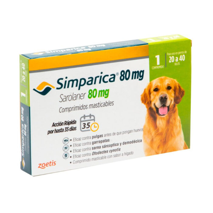 Simparica antiparasitario oral masticable para perros de 20 a 40 KG 1 comprimido Simparica 80Mg x 1 Tableta De 20 a 40 Kg