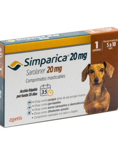 Simparica antiparasitario oral masticable para perros de 5 a 10 KG 1 comprimido Simparica 20 mg x 1 Tableta 5 a 10 Kg Perro