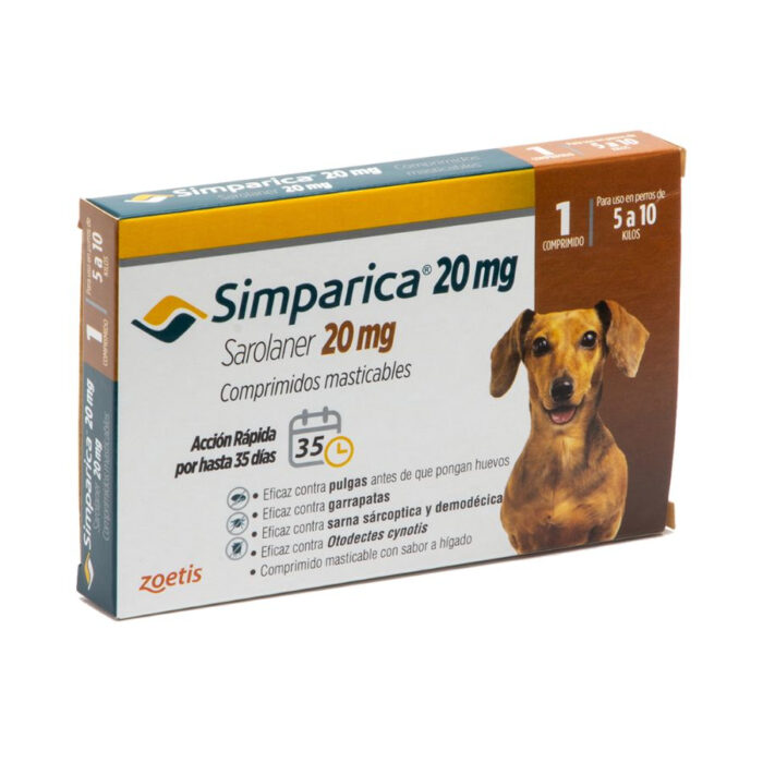 Simparica antiparasitario oral masticable para perros de 5 a 10 KG 1 comprimido Simparica 20 mg x 1 Tableta 5 a 10 Kg Perro