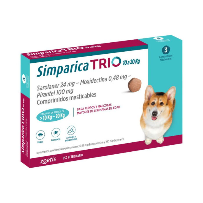 Simparica trio 10.1 - 20 kg antiparasitario para perros 3 comprimidos Simparica Trio 3 Tabletas 10 a 20 Kg