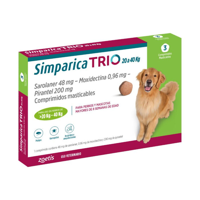 Simparica trio 20.1 - 40 kg antiparasitario para perros 3 comprimidos Simparica Trio 80 mg x 3 Tabletas 20 a 40 Kg